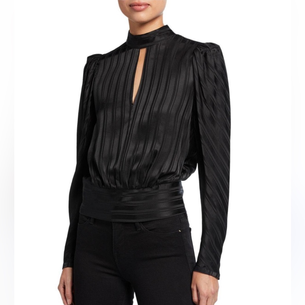 Frame Jacquard Keyhole Black Silk Blouse, Size Xs